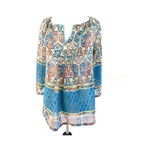 Jade Melody Tam Womens Size XS Blue Paisley Blouse Embellished 3/4 Sleeves Sheer